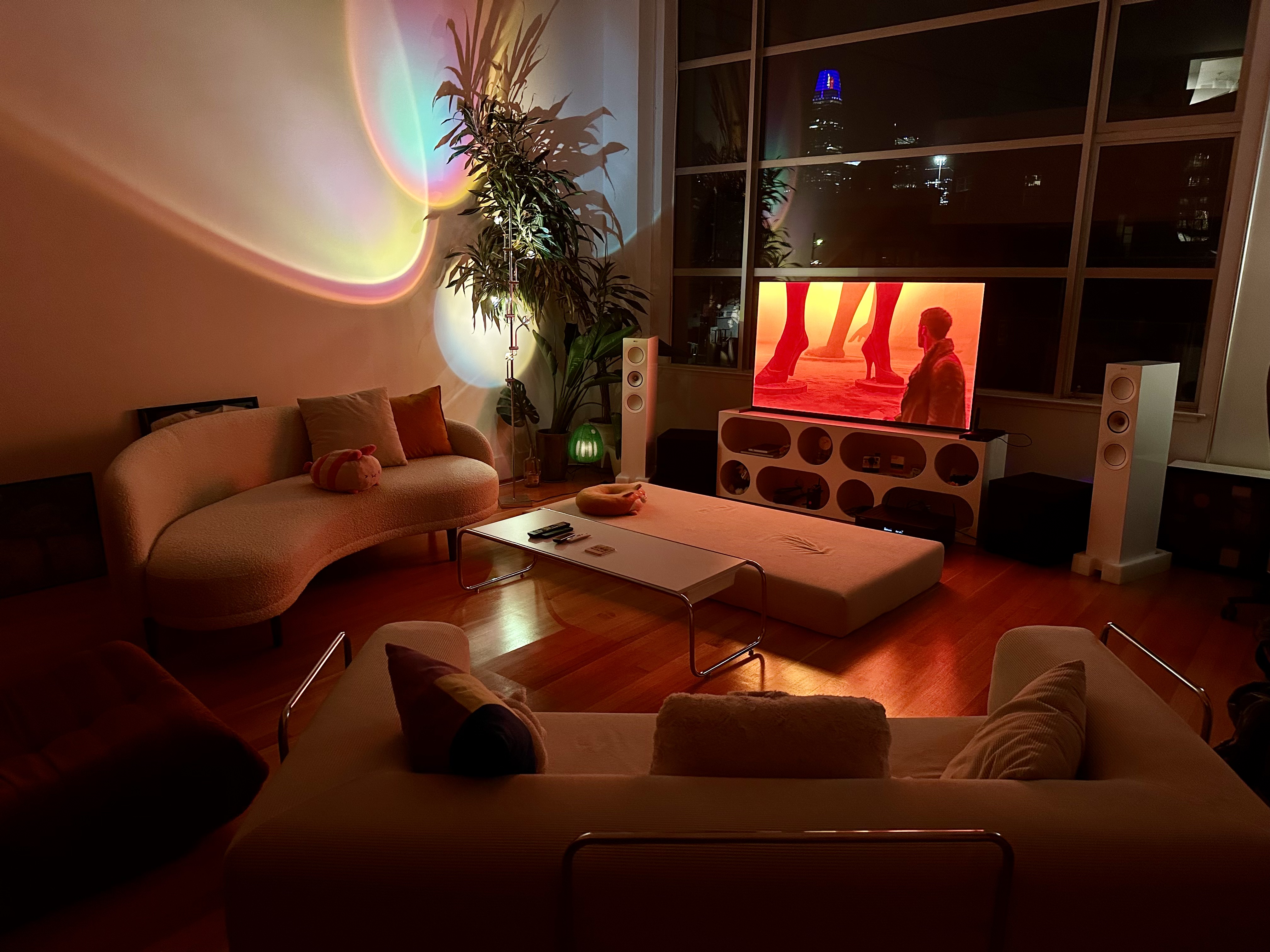 The San Francisco reference room. A Sony Bravia 8 II OLED display with surround sound, used as the integration target for the TsugiNode bring-up on Amlogic S922X-J.